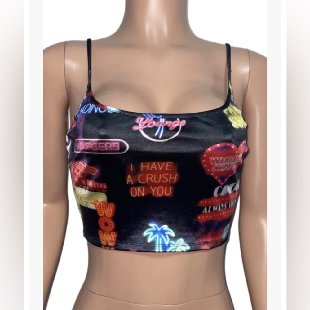 Y2K Vegas NEON SIGNs Rave Wear SATIN CROP TOP New Retro Stretch v2k Graffiti Art